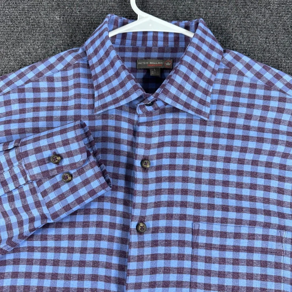 Peter Millar Button Down Mens L Large Blue Purple Gingham Crown Long Sleeve